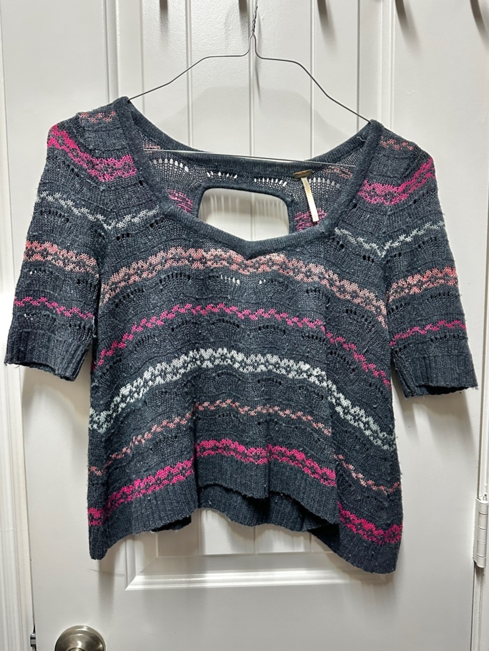 Free People Navy Knit Short-Sleeve Sweater with Pink & Cream Accents